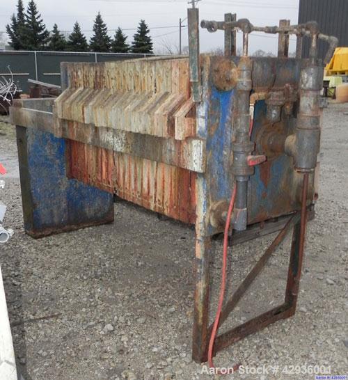 Used Filter Press, 32" x 32". (21) Polypropylene plates, approximately 142.2 square feet filter area, 5.93 cubic feet cake capacity. (1) Head, (1) tail. Hydraulic closure device, center feed, four co...